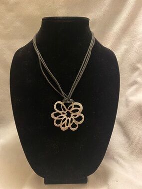 Silver Floral Pendant Necklace on Black Cord